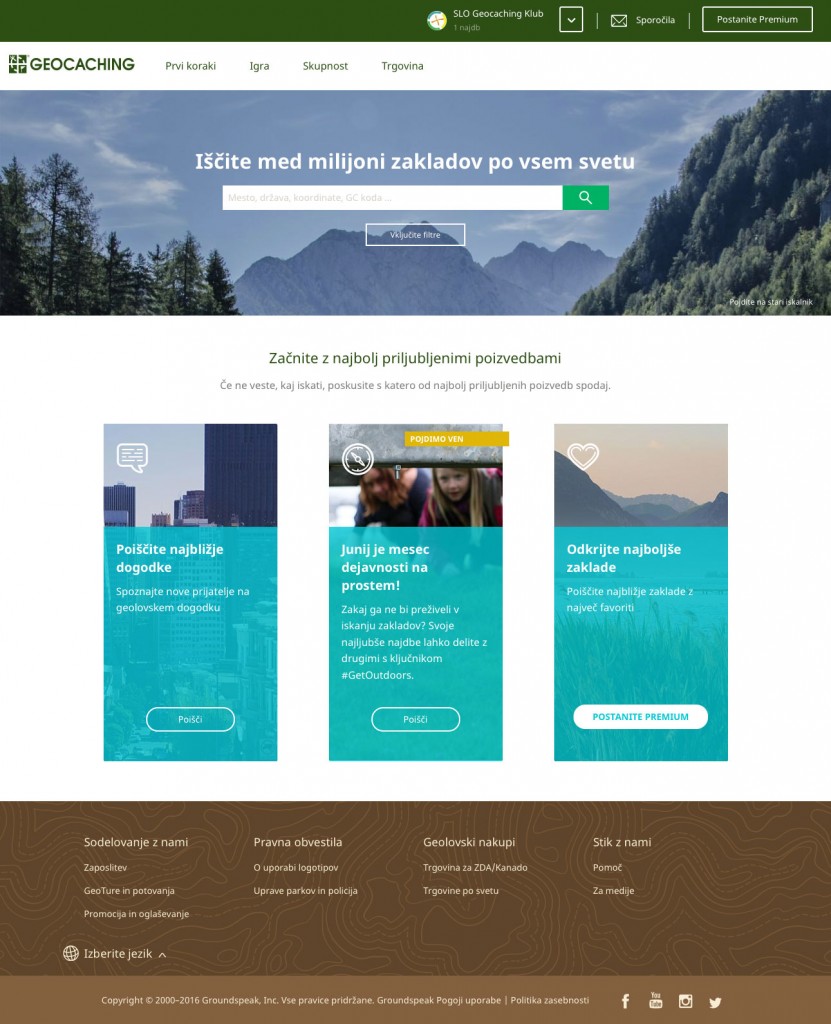 Vstopna stran spletišča geocaching.com v slovenščini.